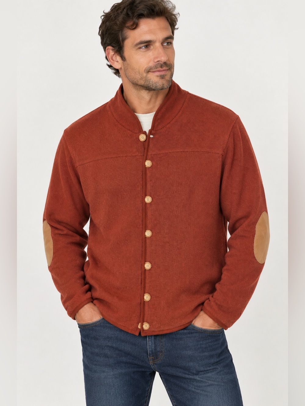 Orvis Cotton Blend Mock Neck Cardigan Sweater Leather Elbow Patches Rust 24x26